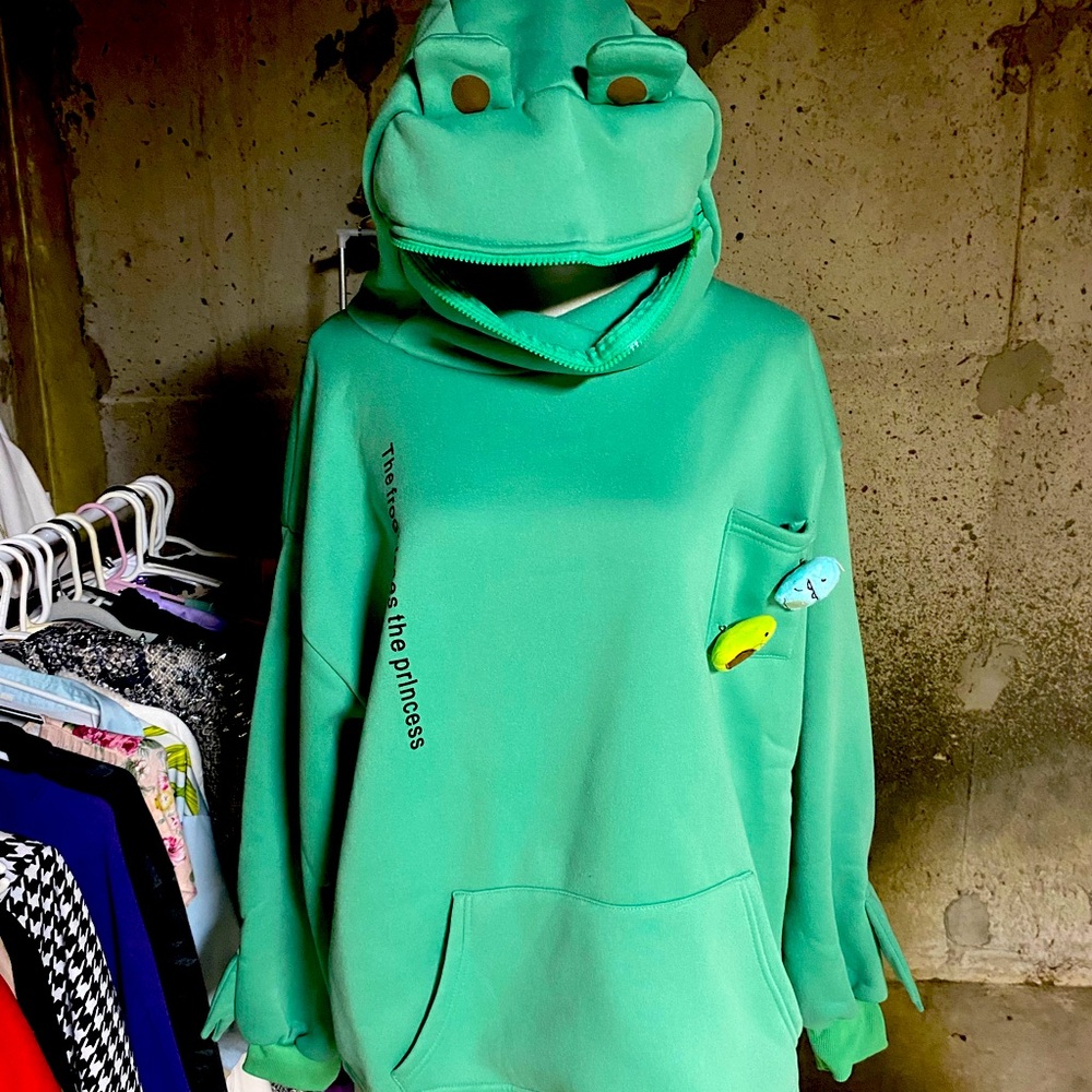 Frog Zippered Mouth Hoodie with Cute Monster Pins ( Small, Medium, Large)